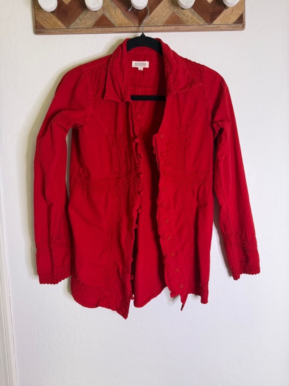 Novica Lily of the Incas Red Button-Front Embroidered Blouse S